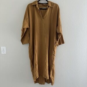 Rachel Craven Dress M? Linen Tan Kaftan Maxi Boho‎ Beach Coastal Resort Collared